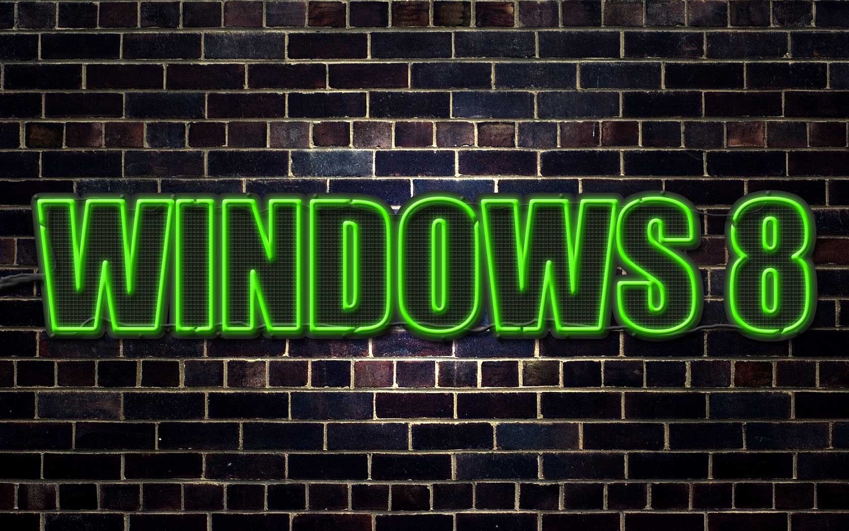 HD PC desktop wallpaper featuring the text WINDOWS 8 glowing in bright green against a dark brick wall, highlighting technology and Windows 8 theme.