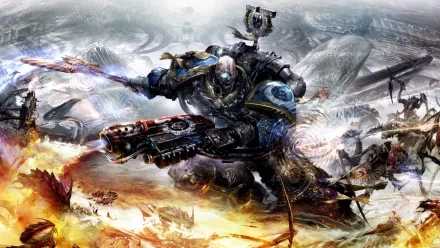 HD PC desktop wallpaper featuring a dynamic Warhammer video game scene with armored warriors battling amidst fire and chaos.