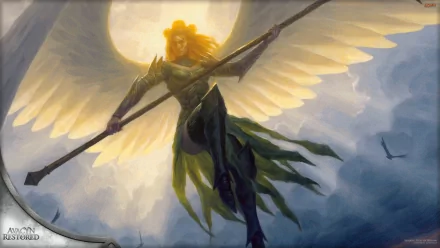 A powerful angelic figure with large wings, holding a spear, dominates the scene against a backdrop of dramatic clouds and light. This HD wallpaper is inspired by Magic: The Gathering.
