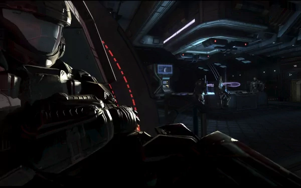 A high-definition PC desktop wallpaper showcasing a scene from Halo 3, featuring a futuristic interior with a character in armor, illuminated by striking lights.
