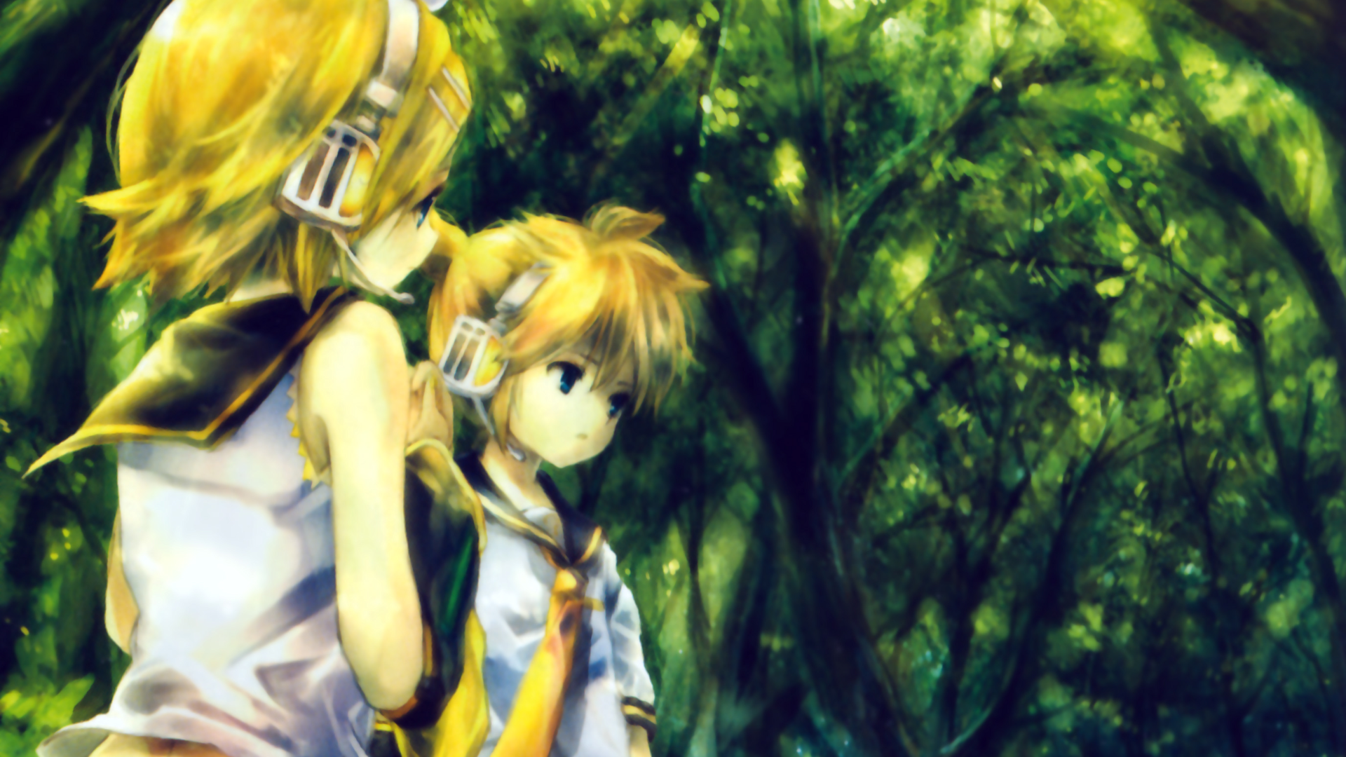 HD anime wallpaper featuring Vocaloid characters Rin Kagamine and Len Kagamine standing together in a lush, green forest background.