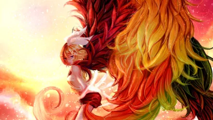 HD desktop wallpaper featuring anime character Rin Kagamine from Vocaloid, depicted with large, vibrant wings in red, orange, and green hues. The background showcases a warm, glowing atmosphere.