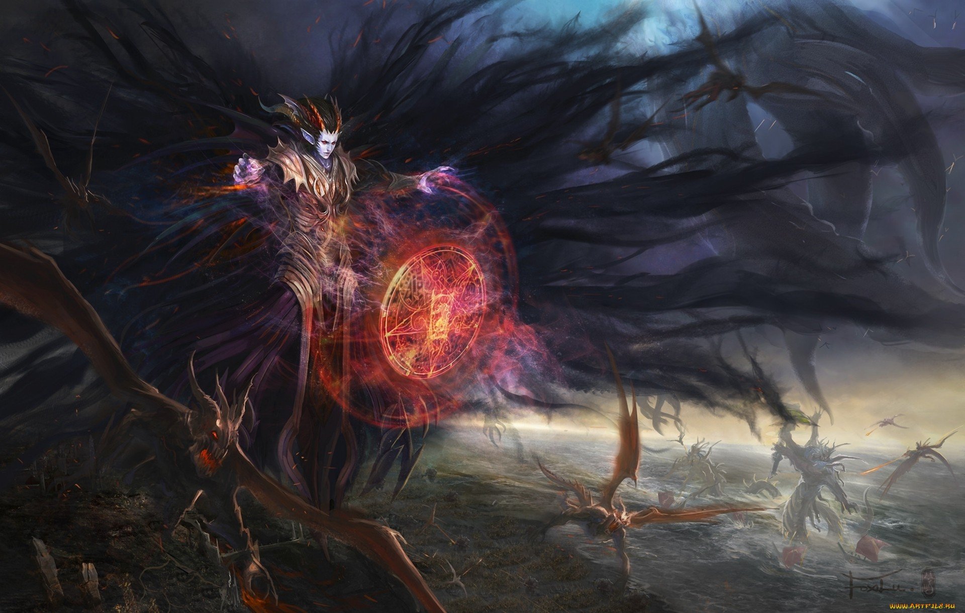 HD fantasy desktop wallpaper depicting a dark sorcerer casting a glowing magical spell amidst a shadowy, eerie battlefield.
