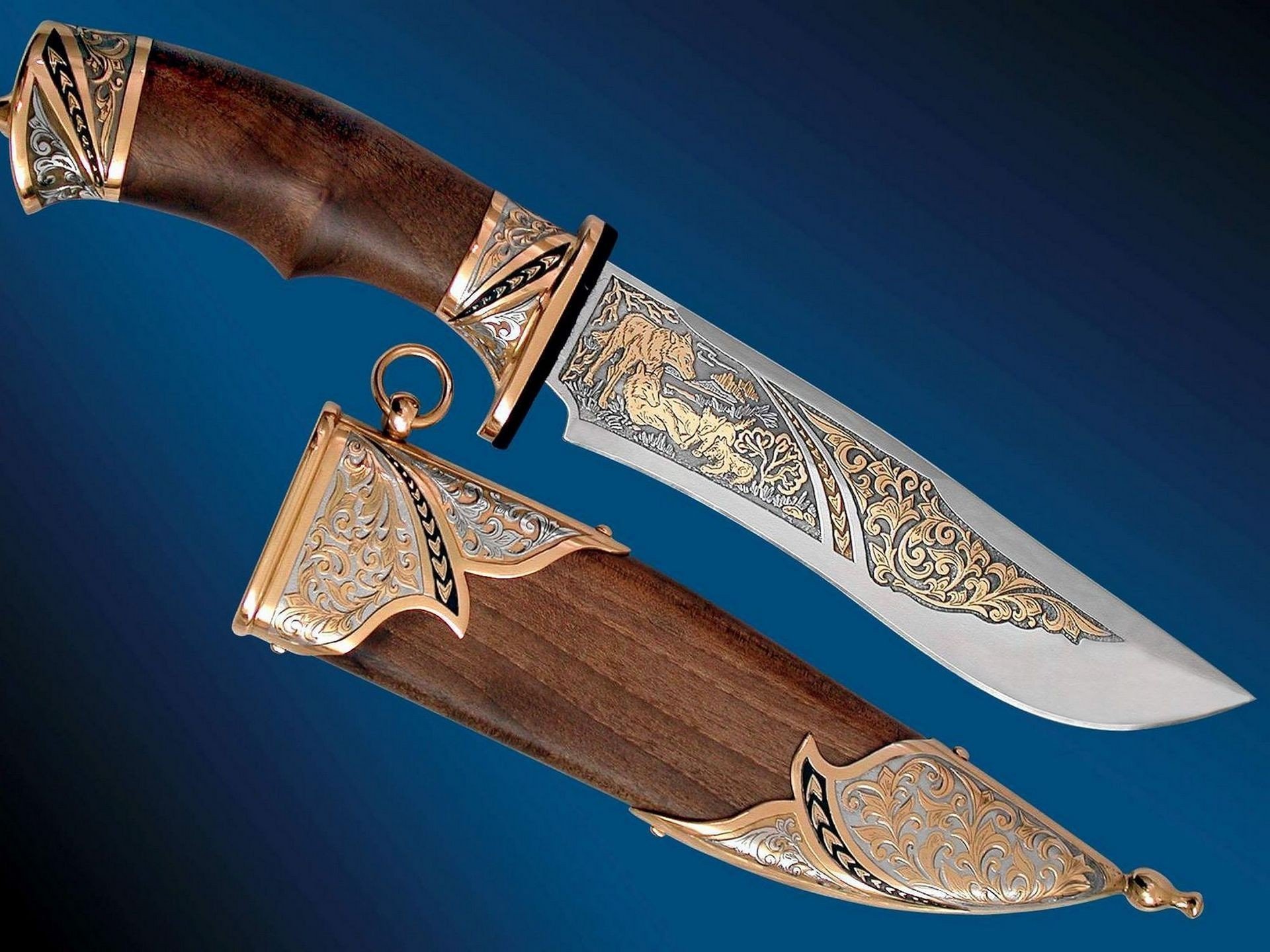 A beautifully crafted knife with intricate gold detailing on the blade and handle, resting in an ornate wooden sheath, set against a deep blue background. HD PC desktop wallpaper.