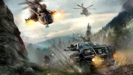 HD PC desktop wallpaper featuring intense combat scenes from the video game Modern Combat with helicopters and armed soldiers in a mountainous forest setting.