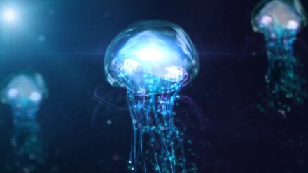 HD PC desktop wallpaper of a bioluminescent jellyfish, an ocean animal with a glowing bell and streaming luminescent tentacles against a deep blue background.