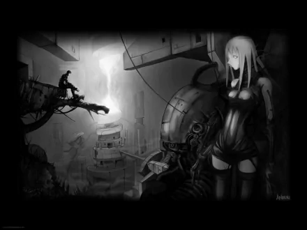 Dark, futuristic scene from the anime Blame! featuring a lone figure and a girl amidst industrial structures, designed as an HD PC desktop wallpaper.