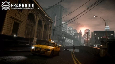 HD PC desktop wallpaper showcasing a Grand Theft Auto IV cityscape with a yellow taxi on a dimly lit street, featuring a bridge and skyline at sunset.