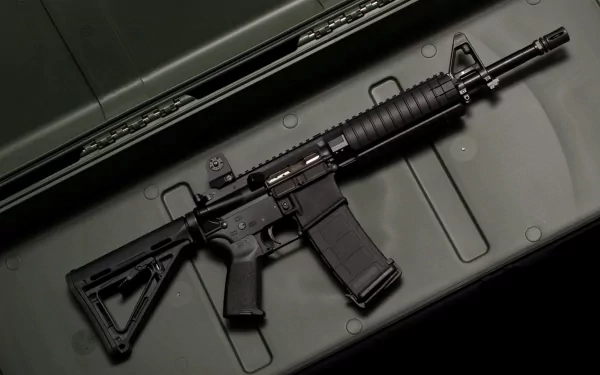 4K Ultra HD desktop wallpaper featuring a man-made assault rifle displayed inside an open military-style case.