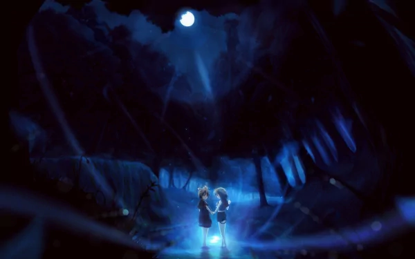 A stunning HD desktop wallpaper featuring Rin and Len Kagamine from Vocaloid, set against a mystical blue backdrop with soft lighting and vibrant details.