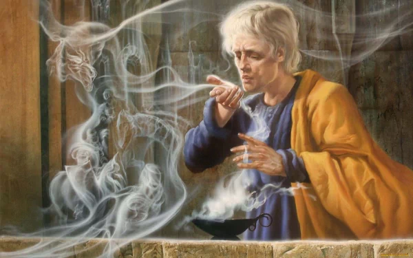 HD fantasy desktop wallpaper depicting a wizard in a golden robe conjuring mystical, swirling magical smoke within an ancient, stone-walled chamber.
