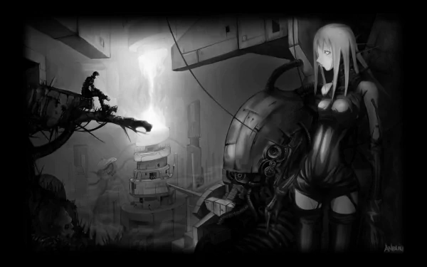 Dark, futuristic scene from the anime Blame! featuring a lone figure and a girl amidst industrial structures, designed as an HD PC desktop wallpaper.
