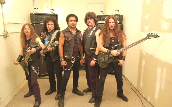 HD PC desktop wallpaper featuring a metal band, evoking themes of Exodus, Megadeth, Destruction, Anthrax, Sepultura, Celtic Frost, Venom, Metallica, Hirax, and heavy music culture.