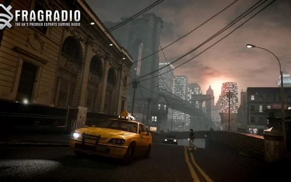 HD PC desktop wallpaper showcasing a Grand Theft Auto IV cityscape with a yellow taxi on a dimly lit street, featuring a bridge and skyline at sunset.
