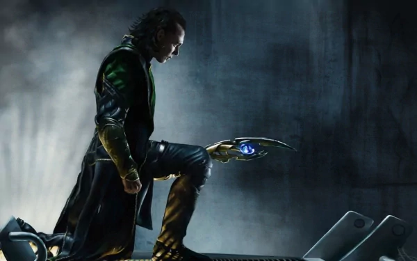 A striking HD wallpaper featuring Loki, portrayed by Tom Hiddleston, in a warrior stance, holding a powerful artifact amidst a dramatic backdrop from the Avengers movies.