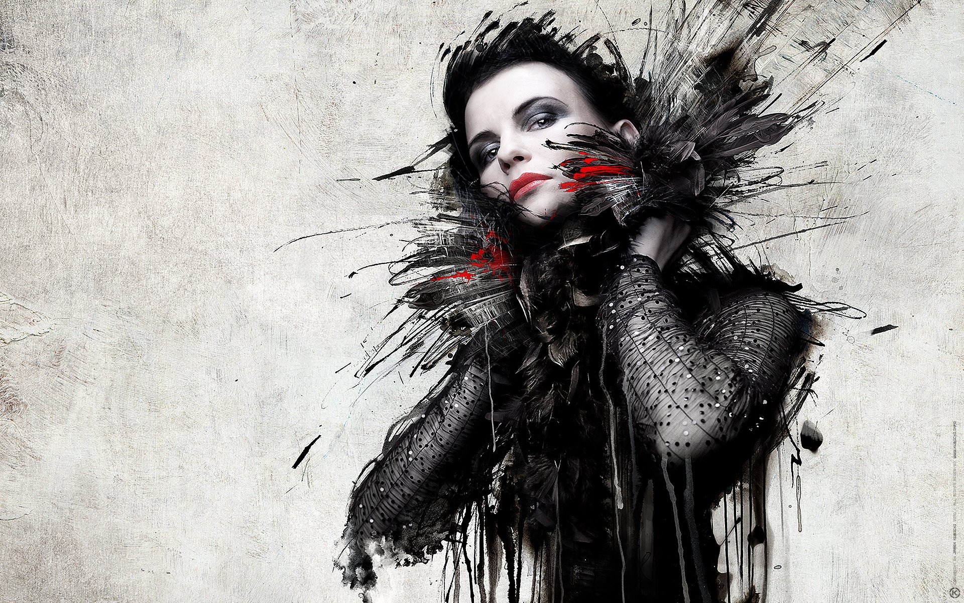 A gothic woman in an artistic display, dressed in elaborate black attire with striking red accents. This HD wallpaper features bold contrasts and dramatic imagery.