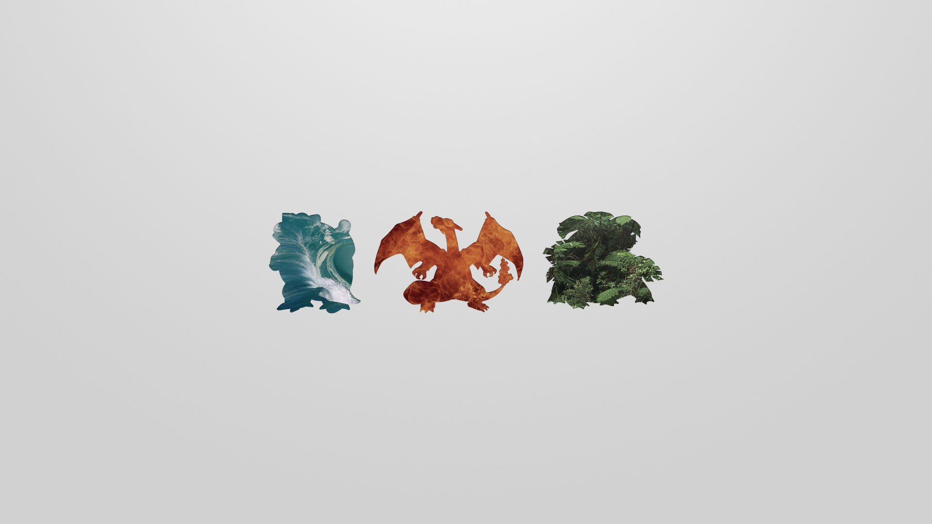 HD PC desktop wallpaper featuring stylized silhouettes of Venusaur, Charizard, and Blastoise from the Pokémon video game series on a clean white background.