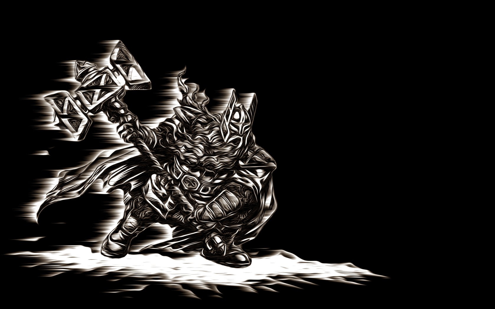HD PC desktop wallpaper: stylized fantasy warrior crouching against a black background, wielding a massive ornate hammer in high-contrast monochrome.