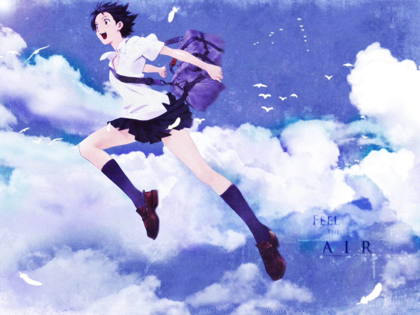 Anime HD wallpaper featuring Makoto Konno from The Girl Who Leapt Through Time, mid-leap against a vibrant sky with clouds and birds.