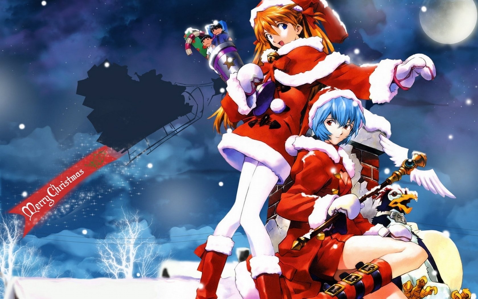 HD PC desktop wallpaper featuring Neon Genesis Evangelion characters dressed in festive Santa outfits against a snowy night sky with a full moon and sleigh silhouette.