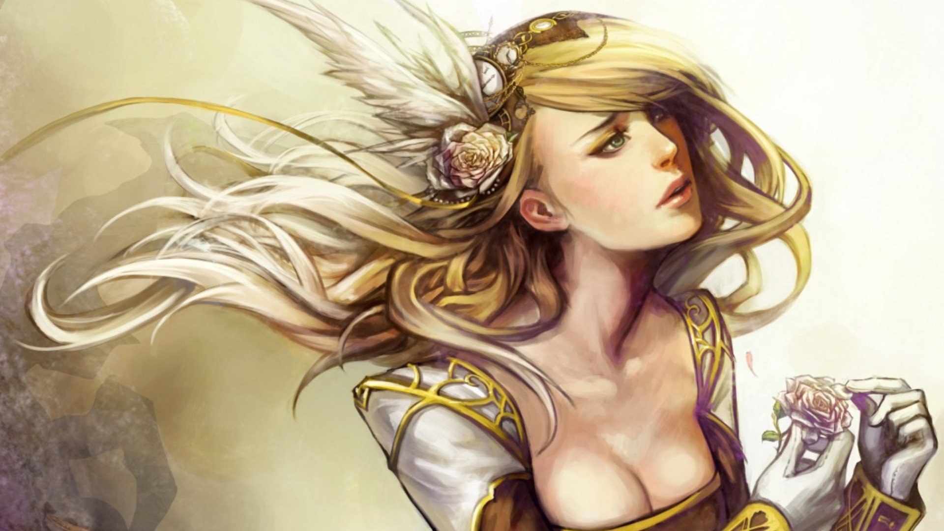 HD fantasy desktop wallpaper featuring a woman with flowing golden hair, adorned with feathers and roses, set against a soft, glowing background.