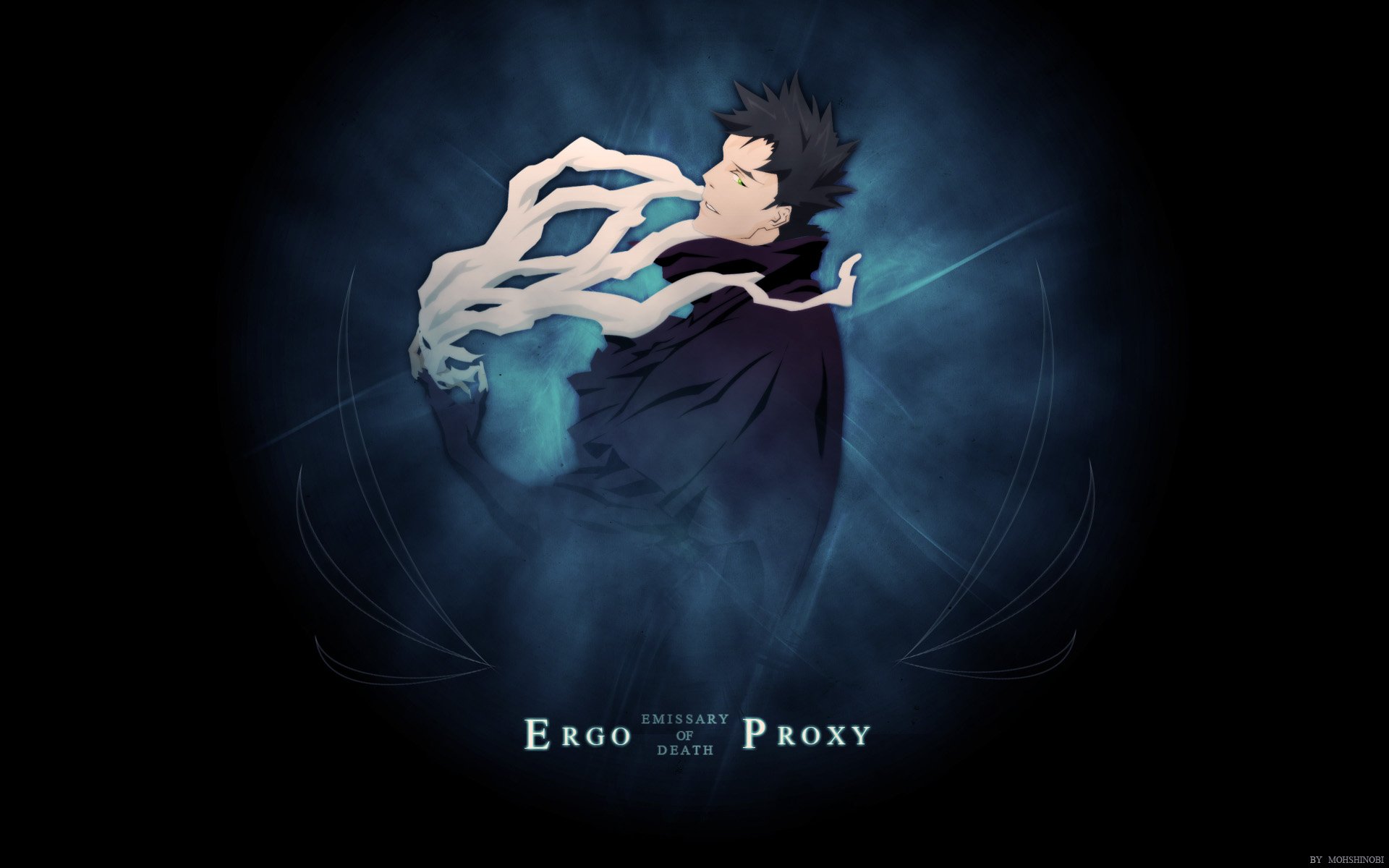 Ergo Proxy anime HD PC desktop wallpaper — dark theme fantasy scene: lone cloaked figure amid swirling mist and ethereal white ribbons against a deep blue-black background.