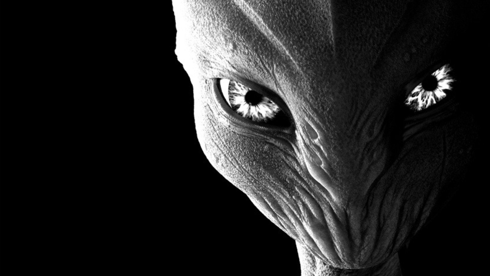 Close-up of a detailed alien face with glowing eyes in a high-definition sci-fi desktop wallpaper and background.