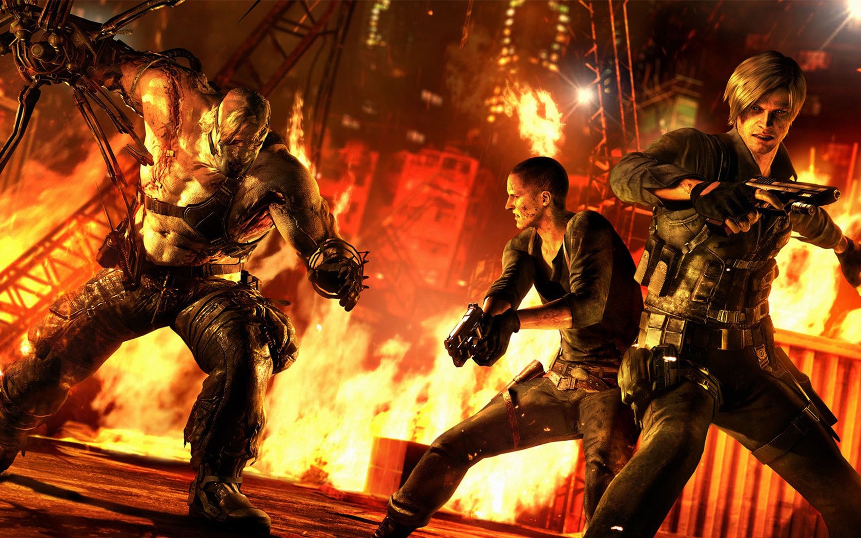 HD PC desktop wallpaper/background from Resident Evil 6: Leon S. Kennedy and Jake Muller fire into a blazing industrial ruin while a hulking mutated creature advances.