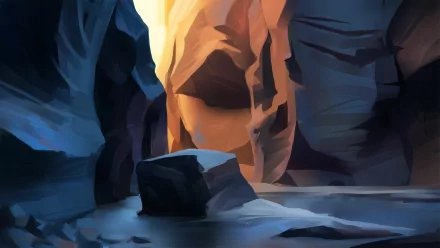 Artistic HD PC wallpaper by makkon: a stylized natural canyon bathed in warm orange light and cool blue shadows.