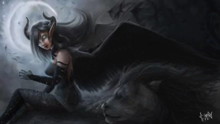 A captivating HD fantasy wallpaper featuring a demoness with horns and wings, sitting beside a majestic lion under a moonlit sky, enveloped in an aura of mystery.