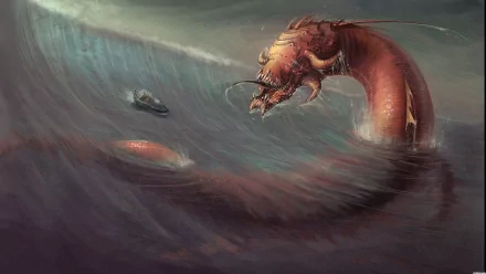 HD PC desktop wallpaper — fantasy sea monster: a giant red sea serpent rises from stormy waves beside a tiny ship, teeth and whiskers bared.