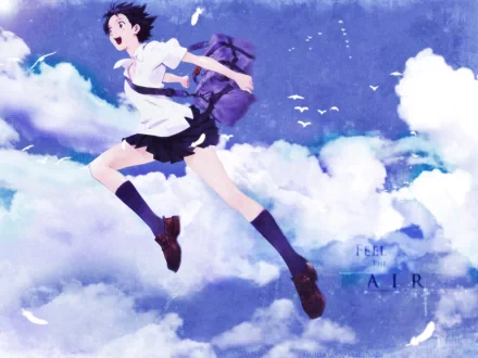 Anime HD wallpaper featuring Makoto Konno from The Girl Who Leapt Through Time, mid-leap against a vibrant sky with clouds and birds.