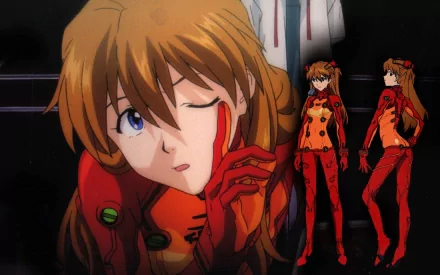 HD PC desktop wallpaper featuring Asuka Langley Sohryu from the anime Evangelion: 2.0 You Can (Not) Advance, displaying multiple poses in her red plugsuit.
