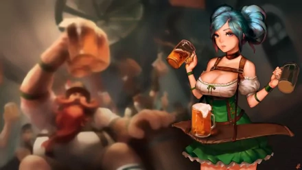 HD PC desktop wallpaper featuring Sona from League of Legends holding a mug of beer in a lively tavern setting from the video game League of Legends.