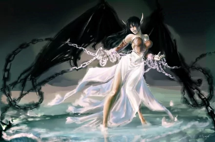 Morgana from League of Legends stands dramatically in water, wielding chains and showcasing her dark wings, creating a striking HD wallpaper for gaming enthusiasts.