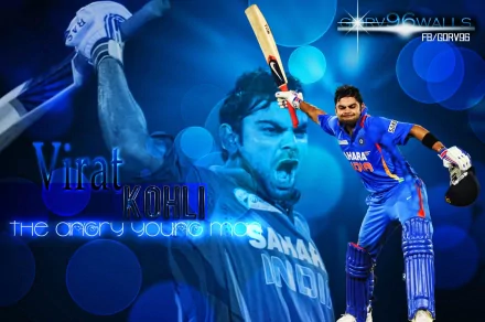 HD desktop wallpaper depicting cricket batsman Virat Kohli celebrating, with the angry young man text integrated into the background. Featured in dynamic blue tones, highlighting his energetic presence.