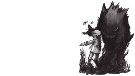 A dynamic HD wallpaper featuring Dawn from Pokémon: Diamond and Pearl alongside Gengar, showcasing a striking, shadowy interaction between trainer and ghost Pokémon.