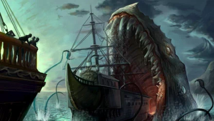 Fantasy sea monster HD PC desktop wallpaper and background: a colossal, jawed leviathan surging from stormy seas to swallow a sailing ship.