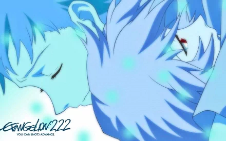 HD PC desktop wallpaper showing anime characters Shinji Ikari and Rei Ayanami from Evangelion: 2.0 You Can (Not) Advance, blue-toned close-up of mirrored, peaceful faces.