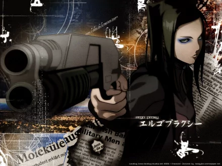 An HD desktop wallpaper featuring a character from Ergo Proxy, holding a gun, with a striking backdrop of abstract designs and layered text elements.