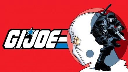 HD desktop wallpaper featuring Snake Eyes from G.I. Joe, set against a bold red background, capturing the essence of the comic series G.I. Joe: A Real American Hero.