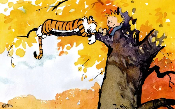 HD desktop wallpaper featuring Calvin and Hobbes from the comic, with Calvin sitting in a tree and Hobbes playfully reaching out to him amid autumn leaves.