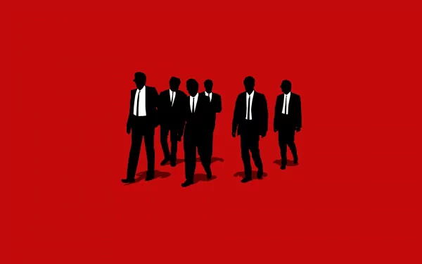 Stylized HD wallpaper featuring characters in black suits against a striking red background, inspired by the movie Reservoir Dogs.