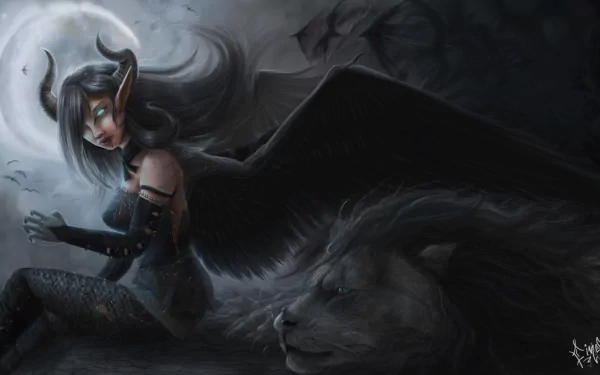 A captivating HD fantasy wallpaper featuring a demoness with horns and wings, sitting beside a majestic lion under a moonlit sky, enveloped in an aura of mystery.
