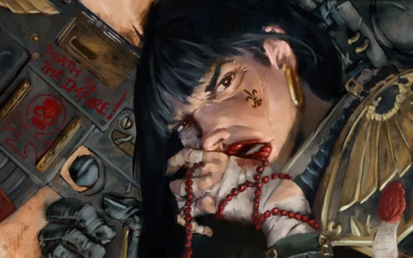 HD PC desktop wallpaper featuring an Adepta Sororitas warrior from Warhammer 40k, showcasing the Sisters of Battle in a detailed video game-inspired art style.