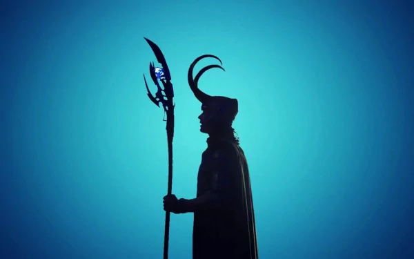A striking silhouette of Loki from Marvel Comics, holding his iconic staff against a vibrant blue background. This HD wallpaper captures the essence of the character from the Avengers movies.