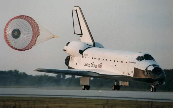 Space Shuttle Endeavour landing with its parachute deployed, captured in high definition as a desktop wallpaper and background image.