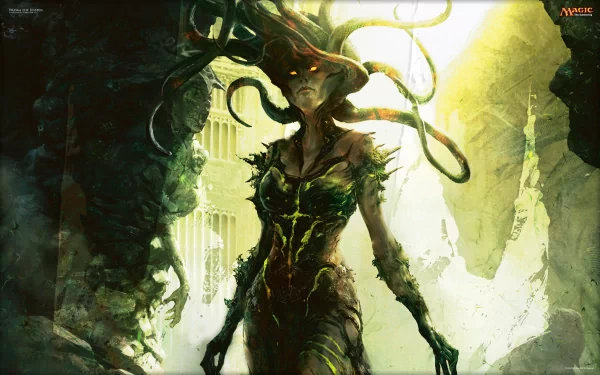 A striking HD wallpaper featuring a powerful figure from Magic: The Gathering, adorned with thorny vines and serpentine hair, set against a mystical, illuminated backdrop.