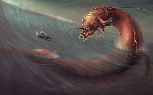 HD PC desktop wallpaper — fantasy sea monster: a giant red sea serpent rises from stormy waves beside a tiny ship, teeth and whiskers bared.