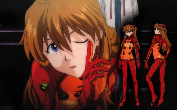 HD PC desktop wallpaper featuring Asuka Langley Sohryu from the anime Evangelion: 2.0 You Can (Not) Advance, displaying multiple poses in her red plugsuit.